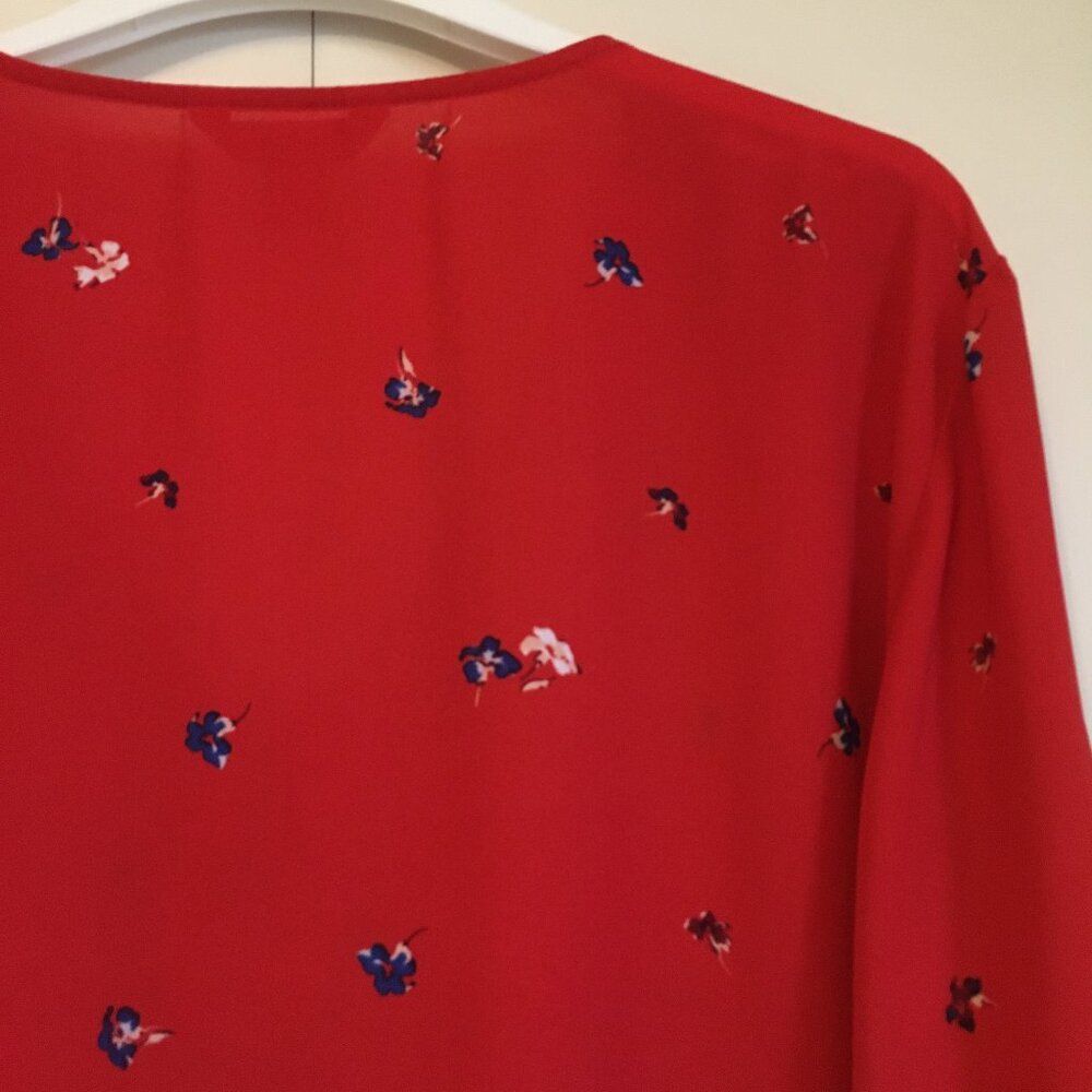 Joe Fresh Poppy Red Sheer Floral Blouse Peasant Sleeve V-Neck XL - Picture 8 of 16